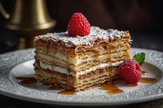 un pezzo di deliziosa torta di Napoleone servito sul tavolo da vicino