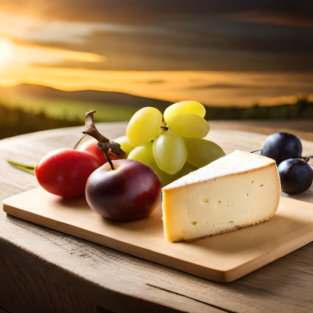 Un pezzo di formaggio con sopra l'uva su un tagliere.