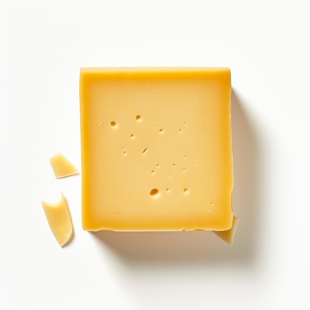 Un pezzo di formaggio isolato su uno sfondo bianco Vista superiore piatta
