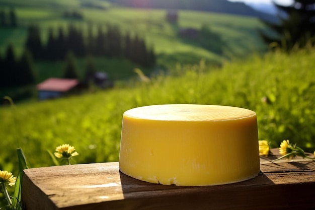 un pezzo di formaggio seduto sopra un tavolo di legno