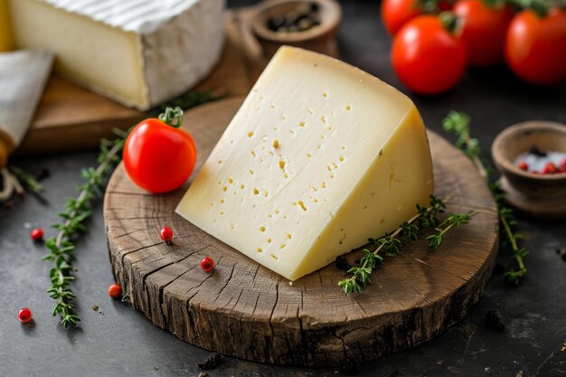 Un pezzo di formaggio sopra una tavola da taglio in legno Una fetta di formaggio Pule su una tavola di legno rustica Generata dall'IA