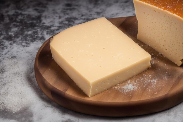Un pezzo di formaggio su un piatto di legno con uno tagliato in due pezzi.