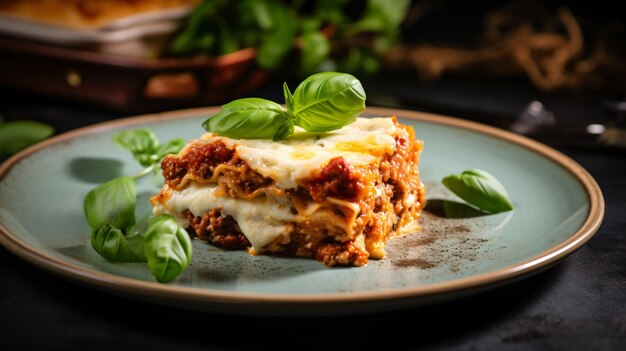 Un pezzo di lasagna su un piatto con foglie di basilico