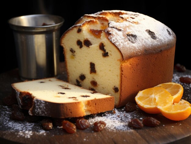 Un pezzo di pane con uva passa e fette di arance Stollen di Natale fatto a mano