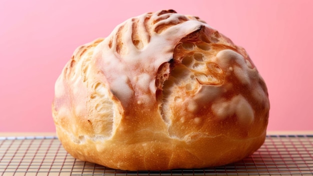 Un pezzo di pane tostato un bel pane appetitoso isolato su uno sfondo rosa