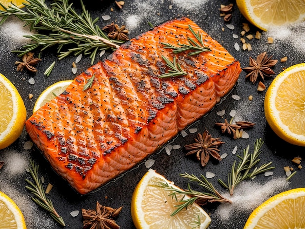 Un pezzo di salmone fritto, limone e rosmarino.