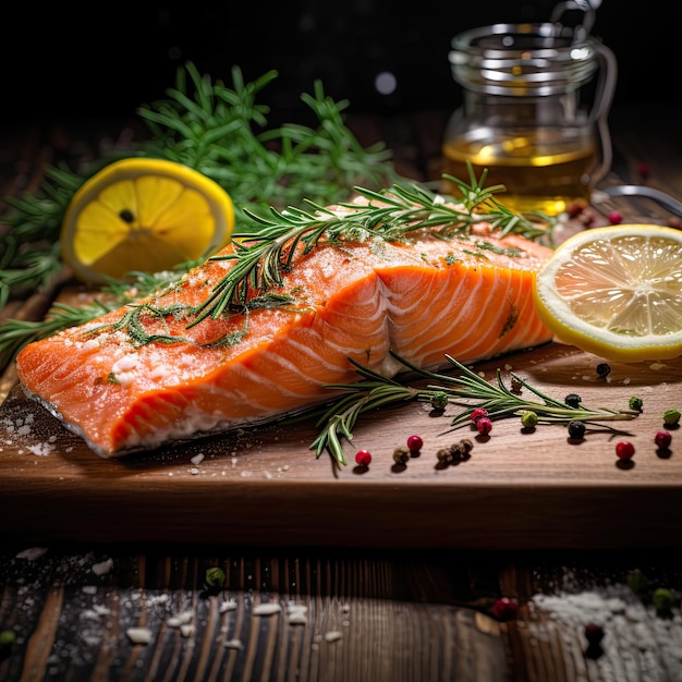 Un pezzo di salmone su una tavola da taglio con limone