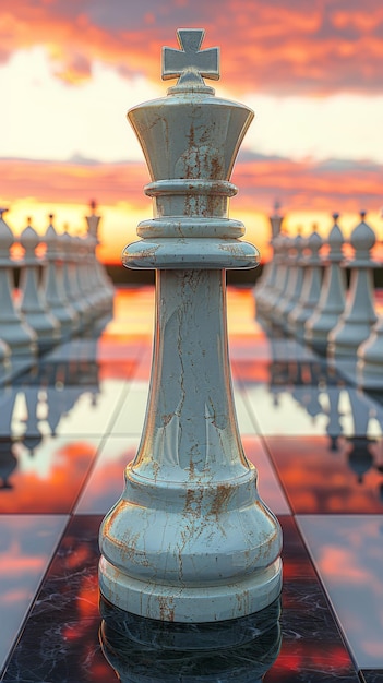 un pezzo di scacchi bianco con un tramonto rosso sullo sfondo