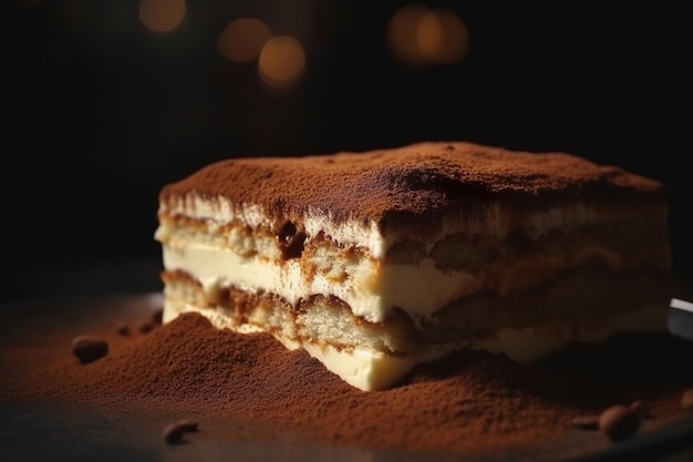 Un pezzo di tiramisù con uno sfondo scuro