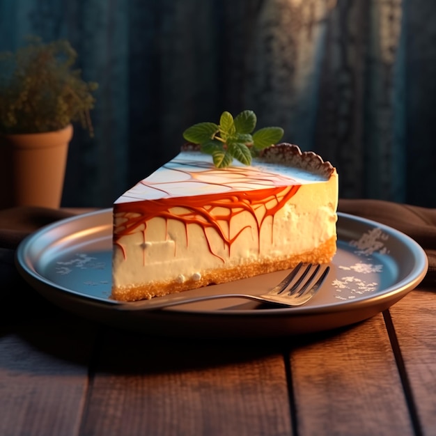 Un pezzo di torta al caramello su un piatto su un tavolo di legno un delizioso dessert