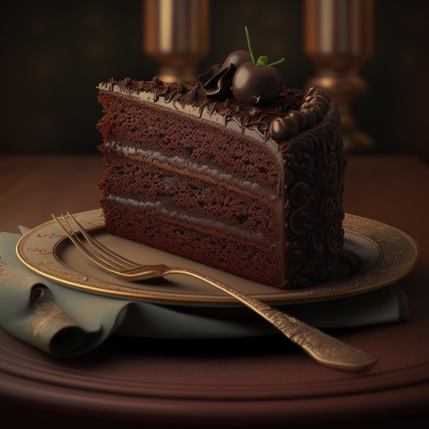 Un pezzo di torta al cioccolato con glassa al cioccolato e una forchetta su un piatto.