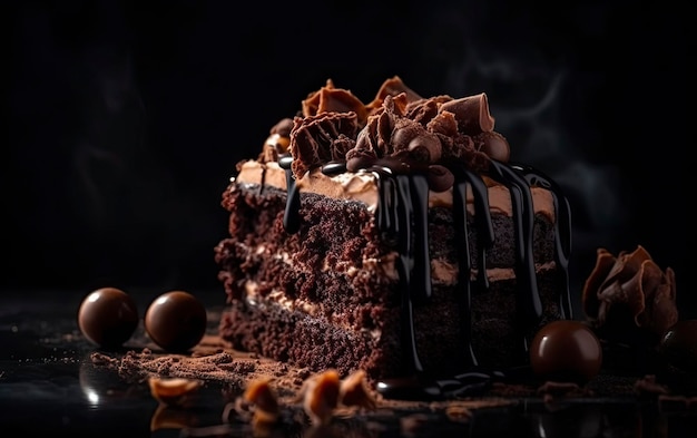 Un pezzo di torta al cioccolato con salsa al cioccolato e pezzi di cioccolato su sfondo nero.