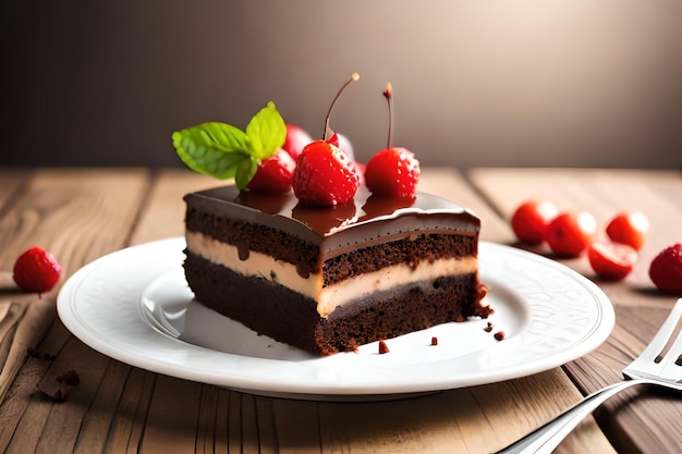 Un pezzo di torta al cioccolato con sopra una fragola
