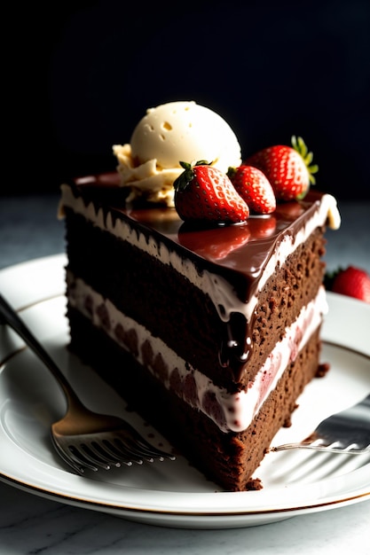 Un Pezzo Di Torta Al Cioccolato Su Un Piatto Con Una Forchetta