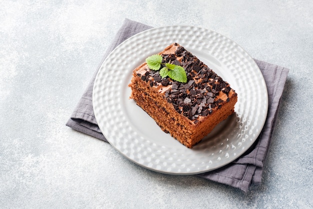 Un pezzo di torta al tartufo con cioccolato su uno sfondo grigio cemento. Copia spazio