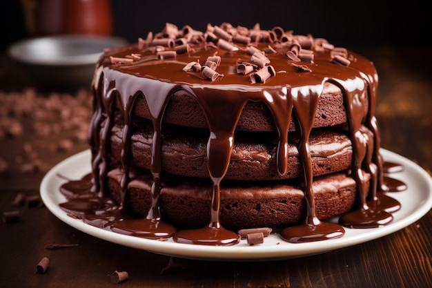 Un pezzo di torta brownie con un sacco di cioccolato fuso su un piatto bianco