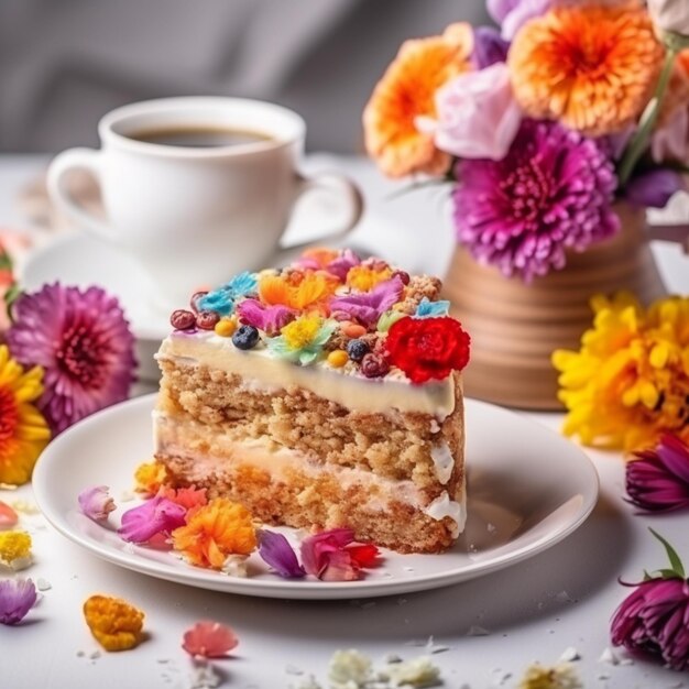 Un pezzo di torta con fiori sullo sfondo