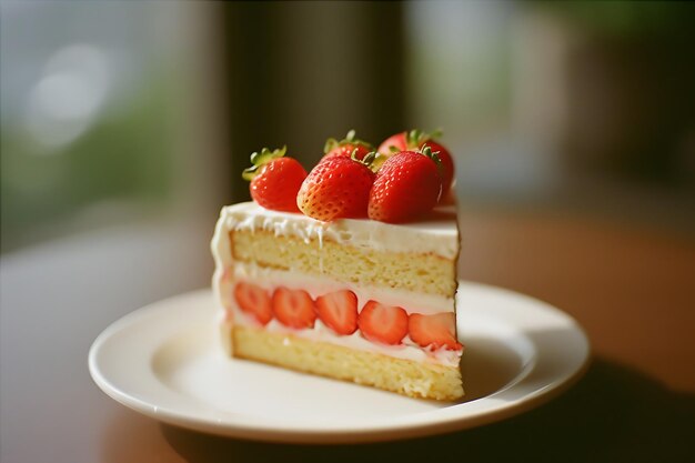 Un pezzo di torta con fragole in una fotografia