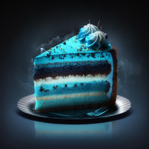 Un pezzo di torta con glassa blu sopra