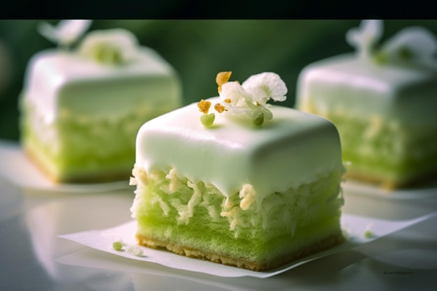 Un pezzo di torta con glassa verde e bianca sopra.