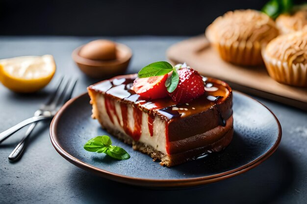 un pezzo di torta con sopra cioccolato e fragole