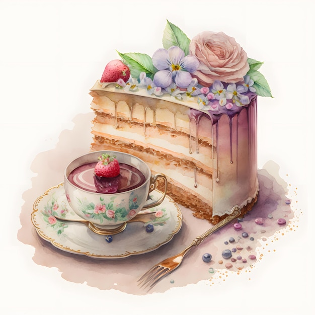 Un pezzo di torta con sopra una tazza di tè e una torta