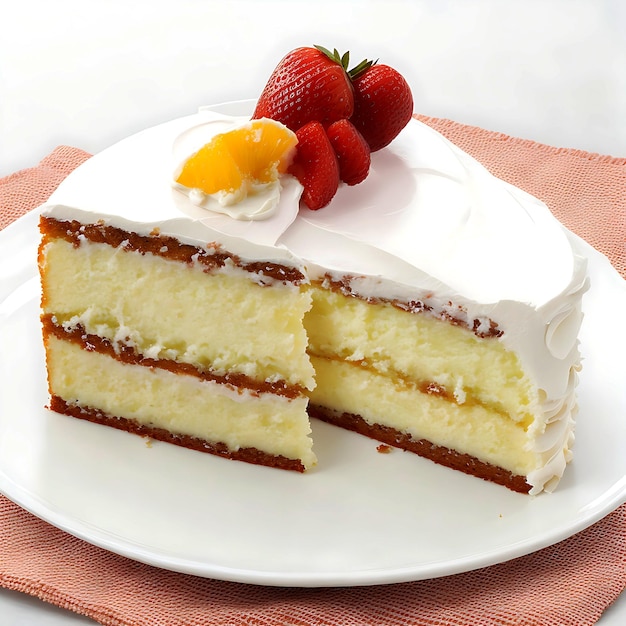 un pezzo di torta cremosa alla vaniglia con frutta, fragole e salsa al cioccolato su un piatto bianco generato