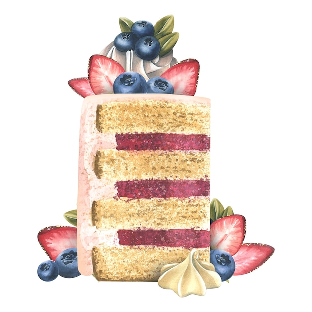 Un pezzo di torta decorato con fragole mirtilli meringa e crema Illustrazione ad acquerello Una composizione della collezione di DOLCI Per la progettazione e la progettazione di menu ricette caffè