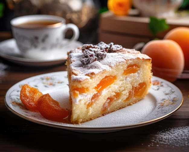 Un pezzo di torta di albicocche coperto di zucchero in polvere in casa al forno da vicino