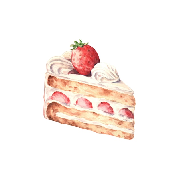 Un pezzo di torta di fragole con crema isolata Acquerello dipinto a mano Illustrazione di cibo delizioso