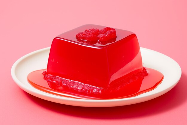 Un pezzo di torta di marmellata di fragola su un piatto bianco contro uno sfondo rosso