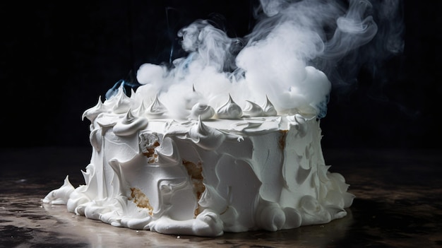 Un pezzo di torta di marshmallow con molto fumo