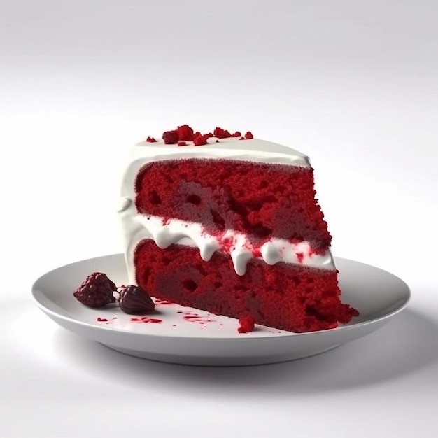 Un pezzo di torta di velluto rosso con glassa bianca e un pezzo di torta su un piatto.