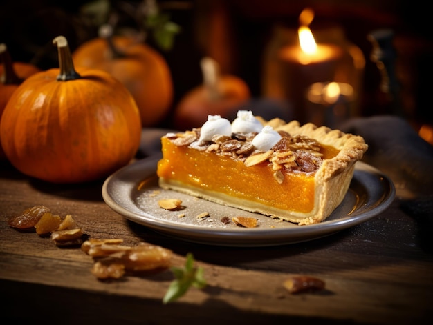 Un pezzo di torta di zucca con panna montata sopra su un tavolo rustico in legno