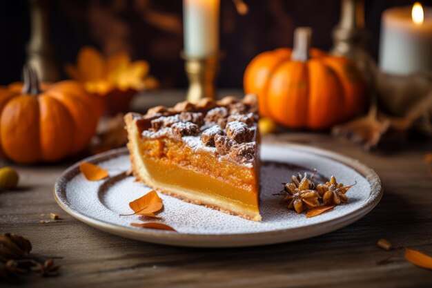 Un pezzo di torta di zucca su un tavolo rustico in legno piatti del menu autunnale