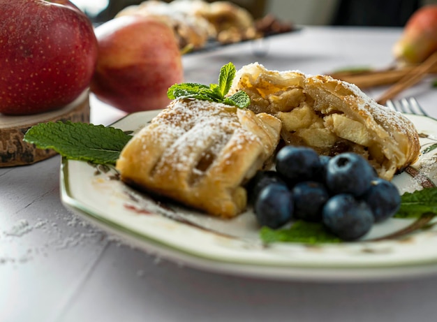 Un pezzo tradizionale di strudel di mele con zucchero a velo, menta, mirtillo e cannella in primo piano su un tavolo