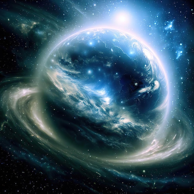 Un pianeta blu con un buco nero al centro.