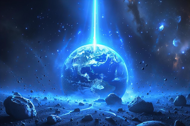 Un pianeta blu luminoso con rocce spaziali sullo sfondo e una cintura di asteroidi in primo piano un blu