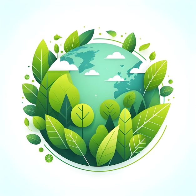 un pianeta con foglie verdi e uno sfondo blu con una pianta verde al centro