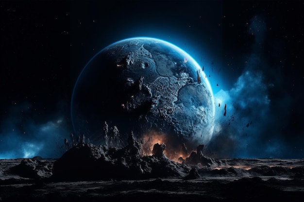 Un pianeta con un pianeta blu e un pianeta con un'esplosione sullo sfondo.