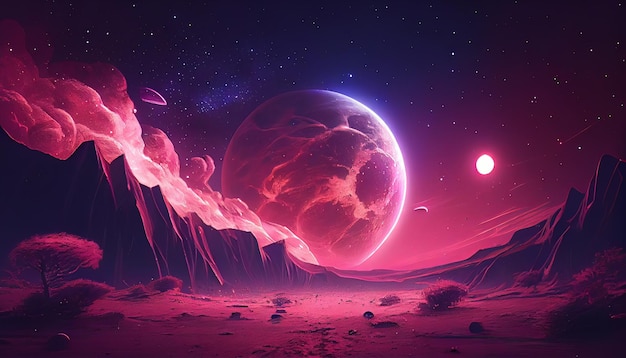 Un pianeta con un pianeta rosa e montagne sullo sfondo