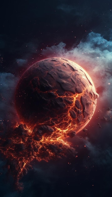 Un pianeta con una lava e le parole fuoco su di esso