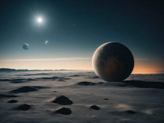 un pianeta con una luna e una stella nel cielo sopra di esso