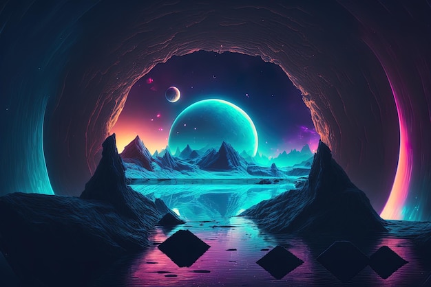 Un pianeta gelido in un ambiente fantasy futuristico con un pianeta e una luna al neon