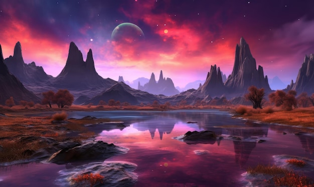 Un pianeta in un lago con un pianeta sullo sfondo