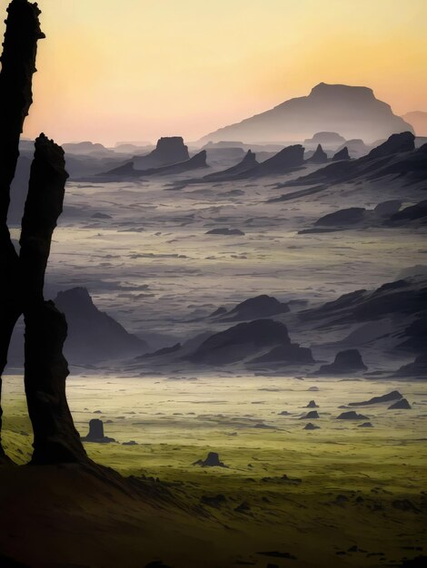 un pianeta nello spazio con un deserto roccioso con pianure miste e un orizzonte cinematografico con pochi umani
