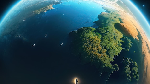 Un pianeta terra con vista sull'oceano e una persona sopra di esso.