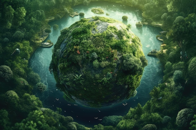 Un pianeta verde con una foresta sullo sfondo IA generativa