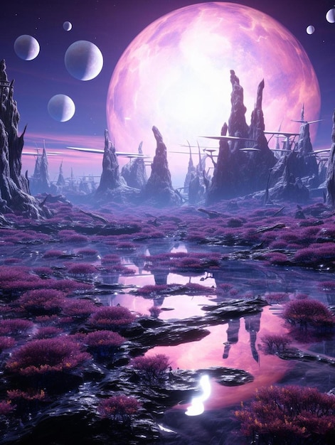 Un pianeta viola con un cielo viola e una luna viola sullo sfondo.