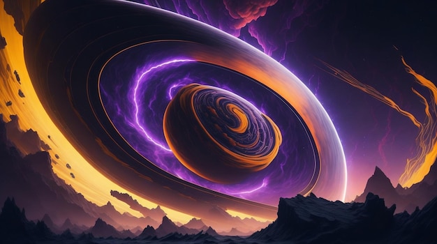 Un pianeta viola e viola con un anello intorno
